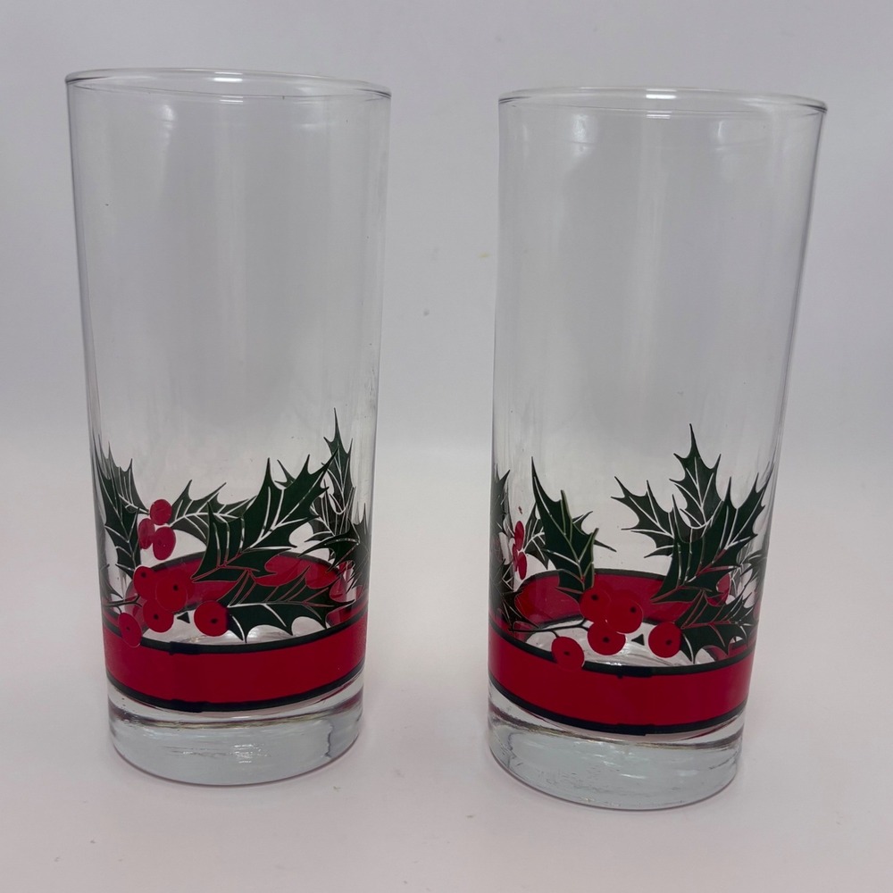 Vtg 1980s Libbey Christmas Holly Berries Highball Glasses Holiday Barware Set 2